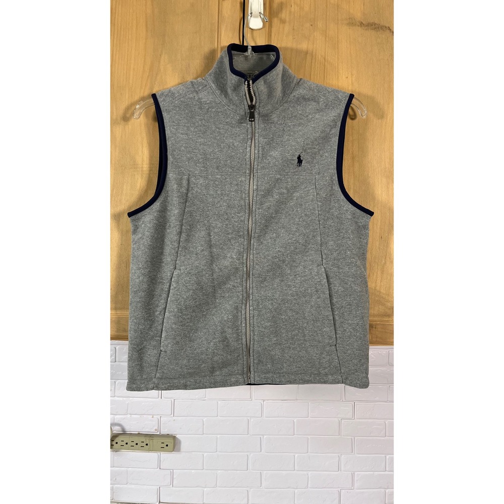 Polo Ralph Lauren Fleece Vest Mens Small Gray Navy Blue Full Zip Pony Logo